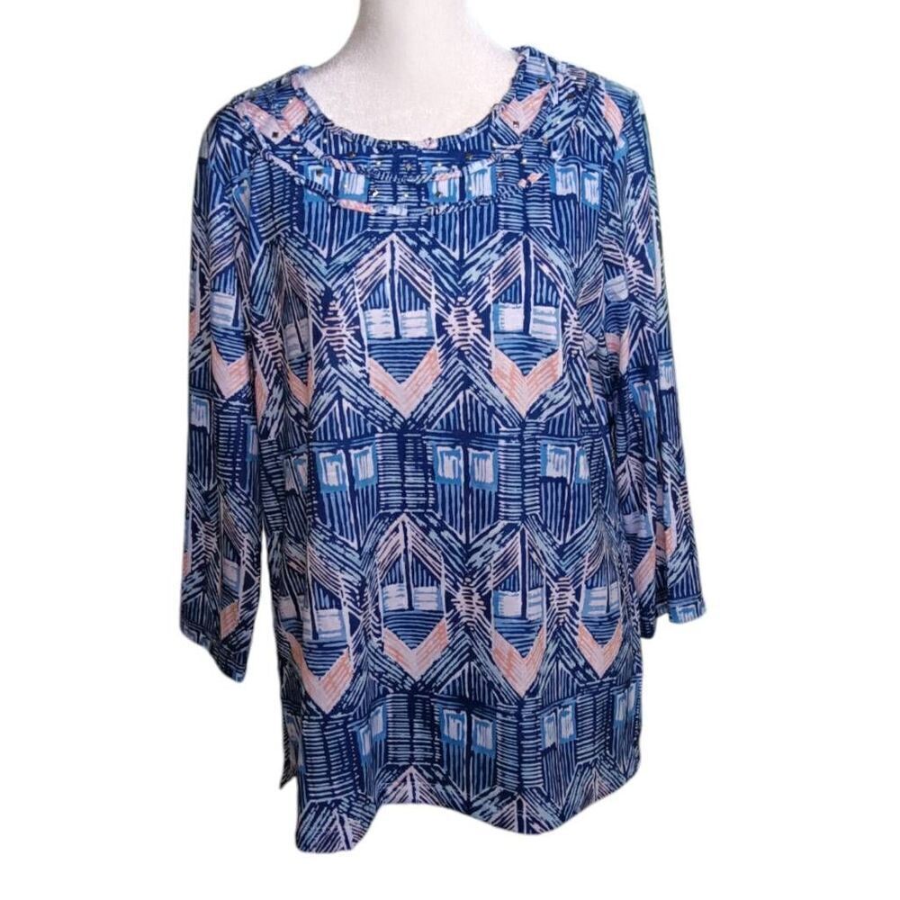 Alfred Dunner Blue Pink Geometric Abstract Pullover Top Sz S